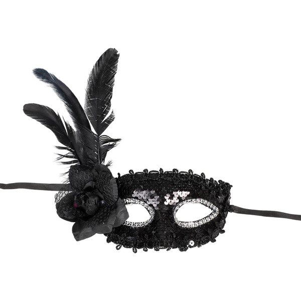 HALF MASK BLACK WITH FEATHERS Svart med fjær - Halloween