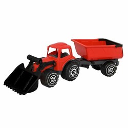 Plasto Traktor med frontlaster og henger, rød, 55 cm Rød - plasto